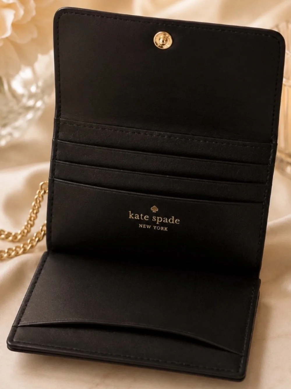 kate spade Black Leather Card & Key Wallet with Gold Chain NWT